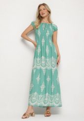 Jasnozielona Wiskozowa Sukienka z Marszczoną Góra i Wzorem Boho Ellifae. Zielone sukienki Born2be, na spotkanie biznesowe, l, z aplikacjami, z wiskozy, boho, bez kołnierzyka, bez ramiączek, maxi. Za 54.99 zł.