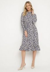 Niebieska Sukienka o Rozkloszowanym Kroju z Falbankami i Gumką w Pasie Ridiluria. Niebieskie sukienki Born2be, na co dzień, m, bez wzorów, eleganckie, bez kołnierzyka, bez ramiączek, midi, rozkloszowane. Za 89.99 zł.