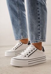 Biało-Czarne Klasyczne Trampki na Grubej Podeszwie Araenes. Białe trampki Born2be, bez wzorów, z jeansu, bez zapięcia. Za 79.99 zł.