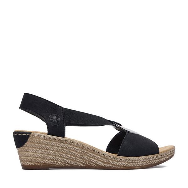Sandały Rieker. Czarne sandały Rieker, bez wzorów, bez obcasa, na koturnie, bez zapięcia. Za 299.99 zł.