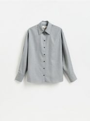 Koszula oversize z wełną - jasnoszary. Szare koszule Reserved, l, bez wzorów, z tkaniny, bez kołnierzyka, bez ramiączek. Za 239.99 zł.