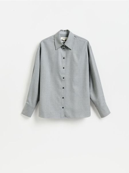 Koszula oversize z wełną - jasnoszary. Szare koszule Reserved, l, bez wzorów, z tkaniny, bez kołnierzyka, bez ramiączek. Za 239.99 zł.