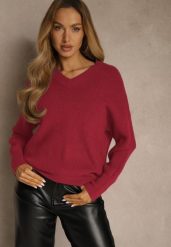 Bordowy Sweter z Dodatkiem Kaszmiru i Trójkątnym Dekoltem Silefera. Czerwone swetry Renee, bez wzorów, z jeansu, bez ramiączek. Za 99.99 zł.