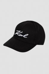 KARL LAGERFELD Czarna czapka damska z daszkiem Signature Cap. Czarne czapki KARL LAGERFELD, z aplikacjami, eleganckie. W wyprzedaży za 180.99 zł.