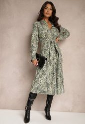 Zielona Sukienka z Bawełny w Panterkowy Print o Koszulowym Kroju Wiązana w Pasie Inoraelis. Zielone sukienki Renee, na co dzień, l, bez wzorów, z bawełny, eleganckie, bez kołnierzyka, bez ramiączek, midi, koszulowe. Za 109.99 zł.