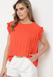 Pomarańczowa Koszulka Top Plisowany z Krótkim Rękawem Cevaga. Brązowe bluzki Born2be, l, bez wzorów, z bawełny, eleganckie, bez kołnierzyka, bez ramiączek. W wyprzedaży za 38.24 zł.