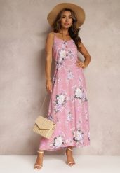 Różowa Sukienka w Kwiaty na Ramiączkach Lydienne. Czerwone sukienki Renee, na imprezę, l, bez wzorów, z tkaniny, bez kołnierzyka, bez ramiączek, maxi. Za 34.99 zł.