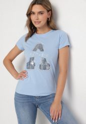 Jasnoniebieski Bawełniany T-shirt Ozdobiony Napisem i Cyrkoniami Isnorea. Niebieskie t-shirty Born2be, m, bez wzorów, z bawełny, bez kołnierzyka, bez ramiączek. Za 34.99 zł.