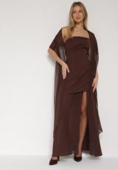 Brązowa Koktajlowa Sukienka z Odkrytymi Ramionami i Dodatkowym Szalem Krynaya. Brązowe sukienki Born2be, na imprezę, m, bez wzorów, klasyczne, bez kołnierzyka, bez ramiączek, maxi, kopertowe. Za 139.99 zł.
