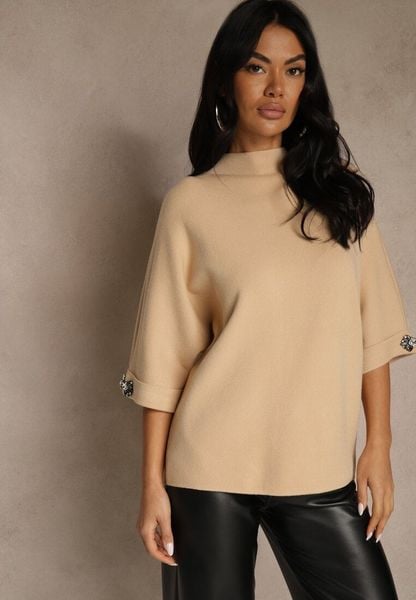 Beżowy Sweter z Cyrkoniami przy Rękawach Corentusa. Brązowe swetry Renee, m, z aplikacjami, z jeansu, bez ramiączek. Za 69.99 zł.