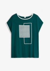 T-shirt z kontrastową lamówką. Czarne t-shirty bonprix, bez wzorów, bez kołnierzyka, bez ramiączek. Za 24.99 zł.