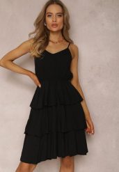 Czarna Sukienka z Wiskozy Astothee. Czarne sukienki Renee, l, z aplikacjami, z tkaniny, klasyczne, bez kołnierzyka, bez ramiączek, mini, rozkloszowane. Za 44.99 zł.