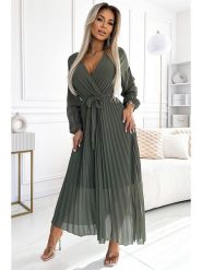 Numoco Sukienka plisowana w kolorze khaki rozmiar: onesize. Brązowe sukienki Numoco, bez wzorów, z tkaniny, bez kołnierzyka, bez ramiączek, maxi, kopertowe. Za 153.34 zł.