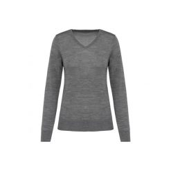 Damski sweter z merynosów z dekoltem v-neck Kariban Premium. Szare swetry KARIBAN, na zimę, bez wzorów, z wełny, bez ramiączek. W wyprzedaży za 268.00 zł.