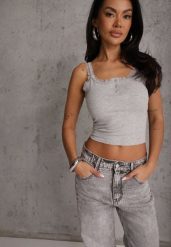 Szary Bawełniany Top z Koronką i Guzikami przy Dekolcie Berinde. Szare topy Renee, m, bez wzorów, z bawełny, bez kołnierzyka, bez ramiączek. Za 49.99 zł.