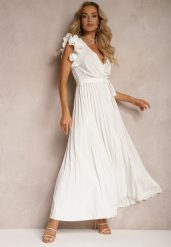 Biała Kopertowa Sukienka z Gumką w Pasie i Materiałowym Paskiem Ozdobiona Falbankami Tiamatalia. Białe sukienki Renee, na imprezę, m, bez wzorów, z materiału, eleganckie, bez kołnierzyka, bez ramiączek, maxi, kopertowe. Za 139.99 zł.