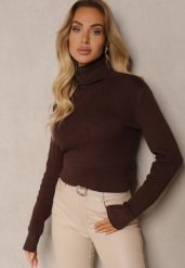 Brązowy Klasyczny Golf z Domieszką Wełny Zoziona. Brązowe golfy Renee, bez wzorów, z jeansu, bez ramiączek. Za 79.99 zł.