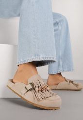 Ciemnobeżowe Klapki na Grubej Podeszwie z Frędzlami Klamrami i Koralikami Glysnell. Brązowe klapki Born2be, bez wzorów, z jeansu, bez obcasa, na płaskiej podeszwie. Za 119.99 zł.