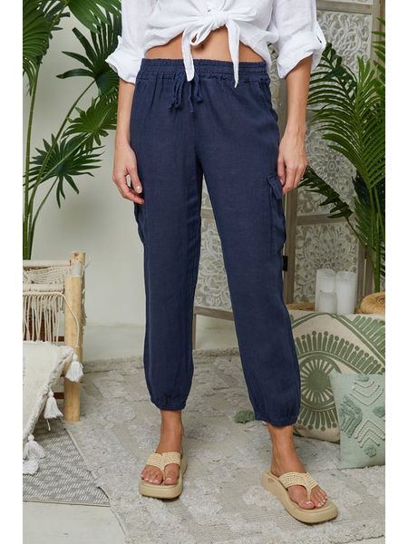 Lin Passion Lniane spodnie w kolorze granatowym rozmiar: 34/36. Niebieskie spodnie materiałowe Lin Passion, bez wzorów, ze lnu, z standardowym stanem. Za 123.25 zł.