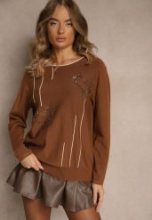 Brązowy Sweter z Cyrkoniowymi Sercami Unorevia. Brązowe swetry Renee, l, bez wzorów, z jeansu, bez ramiączek. Za 79.99 zł.