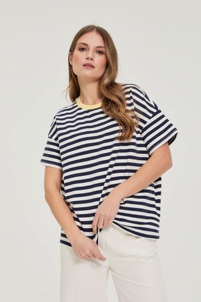 Bluza oversize w paski granatowa. Bluzy MOODO, l, bez wzorów, z bawełny, bez kaptura. Za 79.99 zł.