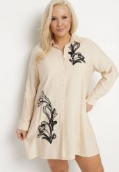 Beżowa Koszulowa Sukienka z Wiskozy Zdobiona Kwiatowym Haftem Nalilsa. Brązowe sukienki Born2be, na co dzień, plus size, z aplikacjami, z wiskozy, eleganckie, bez kołnierzyka, plus size, bez ramiączek, mini, koszulowe. Za 99.99 zł.
