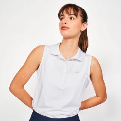 Koszulka polo do golfa bez rękawów damska Inesis WW500. Białe koszulki polo INESIS, l, bez wzorów, z dżerseju, bez kołnierzyka, bez ramiączek. Za 79.99 zł.