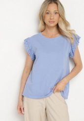 Jasnoniebieska Bluzka z Bawełny z Ażurowymi Falbankami Zamiast Rękawów Vodelia. Niebieskie bluzki Born2be, l, w ażurowe wzory, z bawełny, bez kołnierzyka, bez ramiączek. Za 34.99 zł.