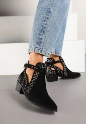 Czarne Botki na Obcasie w Stylu Kowbojek z Wycięciem i Nitami Eleavira. Czarne botki Born2be, bez wzorów, z jeansu, bez obcasa, na obcasie, bez zapięcia. Za 159.99 zł.