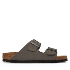 Klapki Birkenstock. Szare klapki Birkenstock, bez wzorów, bez obcasa. Za 429.99 zł.