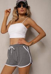 Ciemnoszare Szorty Dresowe z Dodatkiem Bawełny High Waist Wykończone Lamówką Mivorina. Szare szorty Renee, bez wzorów, z bawełny, eleganckie, z podwyższonym stanem. Za 29.99 zł.