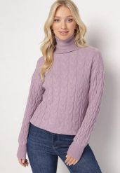 Fioletowy Sweter z Golfem w Warkoczowy Splot ze Ściągaczami Maraiwai. Fioletowe golfy Born2be, bez wzorów, ze splotem, bez ramiączek. Za 109.99 zł.