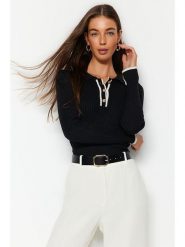 Trendyol Sweter w kolorze czarnym rozmiar: L. Czarne swetry Trendyol, l, bez wzorów, prążkowane, bez ramiączek. Za 86.99 zł.