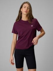 4F T-shirt boxy gładki damski - burgundowy M. Czerwone t-shirty 4f, m, bez wzorów, z bawełny, bez kołnierzyka, bez ramiączek. Za 49.99 zł.
