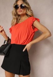 Pomarańczowy Plisowany Top Koszulka z Krótkim Rękawem Meavina. Brązowe bluzki Renee, l, bez wzorów, eleganckie, bez kołnierzyka, bez ramiączek. W wyprzedaży za 31.49 zł.