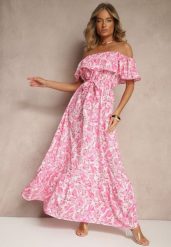 Różowa Kwiatowa Sukienka Typu Hiszpanka z Bawełną Tiarice. Czerwone sukienki Renee, na co dzień, na lato, l, bez wzorów, z bawełny, eleganckie, bez kołnierzyka, bez ramiączek, maxi, proste. Za 54.99 zł.