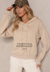 Beżowa Bluza o Klasycznym Kroju z Kapturem i Kieszenią Firloti. Brązowe bluzy Renee, l, bez wzorów, z jeansu, z kapturem. Za 49.99 zł.