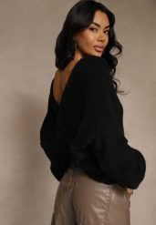 Czarny Oversizowy Sweter z Dodatkiem Wełny Zdobiony Węzłem Lawedana. Czarne swetry Renee, l, z aplikacjami, z wełny, bez ramiączek. Za 119.99 zł.