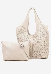Beżowa Ażurowa Torebka Shopperka z Saszetką Merazina. Brązowe shopper Born2be, w ażurowe wzory, z jeansu, bez dodatków. Za 139.99 zł.