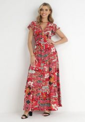 Czerwona Sukienka Maxi z Wiskozy z Gumką w Talii i Guzikami Nyllu. Czerwone sukienki Born2be, l, z aplikacjami, z wiskozy, bez kołnierzyka, bez ramiączek, maxi. Za 79.99 zł.