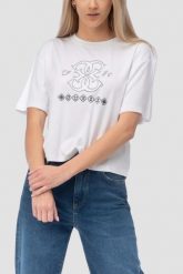 GUESS Biały damski t-shirt na krótki rękaw z wyszywanym logo Gabi, Rozmiar L. Białe t-shirty Guess, l, z aplikacjami, bez kołnierzyka, bez ramiączek. Za 219.99 zł.