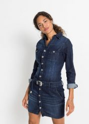 Sukienka dżinsowa z paskiem. Niebieskie sukienki bonprix, bez wzorów, eleganckie, bez kołnierzyka, bez ramiączek, plisowane. Za 209.99 zł.