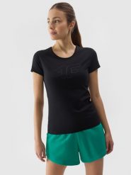 4F T-shirt slim z nadrukiem damski - czarny M. Czarne t-shirty 4f, m, bez wzorów, z bawełny, bez kołnierzyka, bez ramiączek. W wyprzedaży za 39.99 zł.