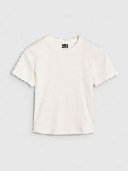 4F T-shirt slim z prążkowanej dzianiny damski - biały S. Białe t-shirty 4f, s, bez wzorów, z bawełny, bez kołnierzyka, bez ramiączek. W wyprzedaży za 39.99 zł.