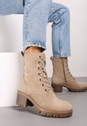 Beżowe Botki na Słupku w Stylu Workerów Wykończone Wiązaniem Timovia. Brązowe botki Renee, bez wzorów, z jeansu, bez obcasa, na obcasie, bez zapięcia. Za 149.99 zł.