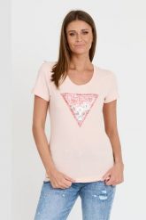 GUESS Różowy damski t-shirt Satin Triangle Tee, Rozmiar S. Czerwone t-shirty Guess, s, z aplikacjami, bez kołnierzyka, bez ramiączek. W wyprzedaży za 119.99 zł.