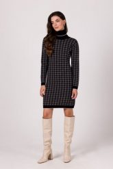 Swetrowa Sukienka w Pepitkę z Golfem - Czarna. Czarne sukienki MOE, l, bez wzorów, z dzianiny, bez kołnierzyka, bez ramiączek. Za 249.90 zł.