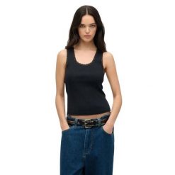 Tank top z koronkowym wykończeniem dla kobiet Superdry Vintage. Niebieskie topy Superdry, bez wzorów, z koronki, bez kołnierzyka, bez ramiączek. Za 103.80 zł.