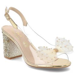 Sandały damskie S.Barski, cholewka z transparentnymi elementami zapięcie na sprzączkę odkryty fason z ozdobną aplikacją, złote, MR61-9010. Żółte sandały S.BARSKI, z aplikacjami, bez obcasa, na obcasie, bez zapięcia. Za 199.00 zł.