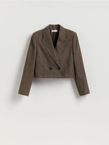 Krótka marynarka - brązowy. Brązowe marynarki i żakiety Reserved, l, bez wzorów, z tkaniny. Za 229.99 zł.